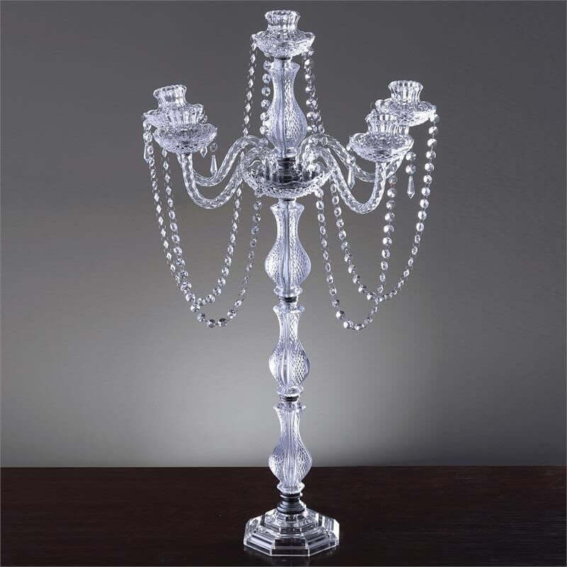 4-Arm Crystal Chandelier Candelabra 35" Silver - Metal Taper Candlestick Holder Table Centerpiece for Events