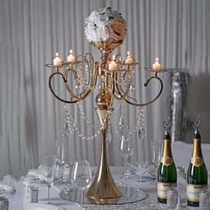 Metal Candelabra 27" 5 Arm Design Gold with Hanging Crystal Drops - Table Centerpiece for Events