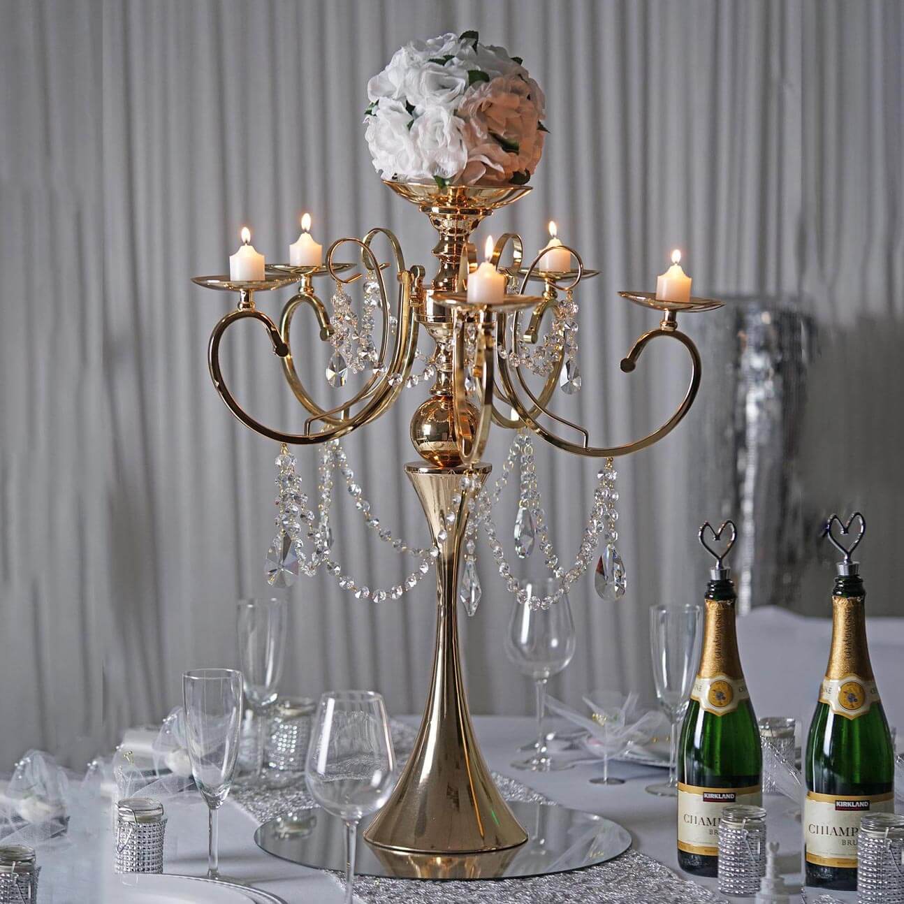 Metal Candelabra 27" 5 Arm Design Gold with Hanging Crystal Drops - Table Centerpiece for Events